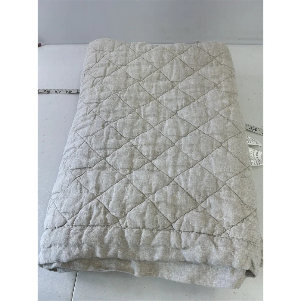 Pottery Barn Kids Quilt 50x36 Toddler Beige Diamond Stitch 100% Linen